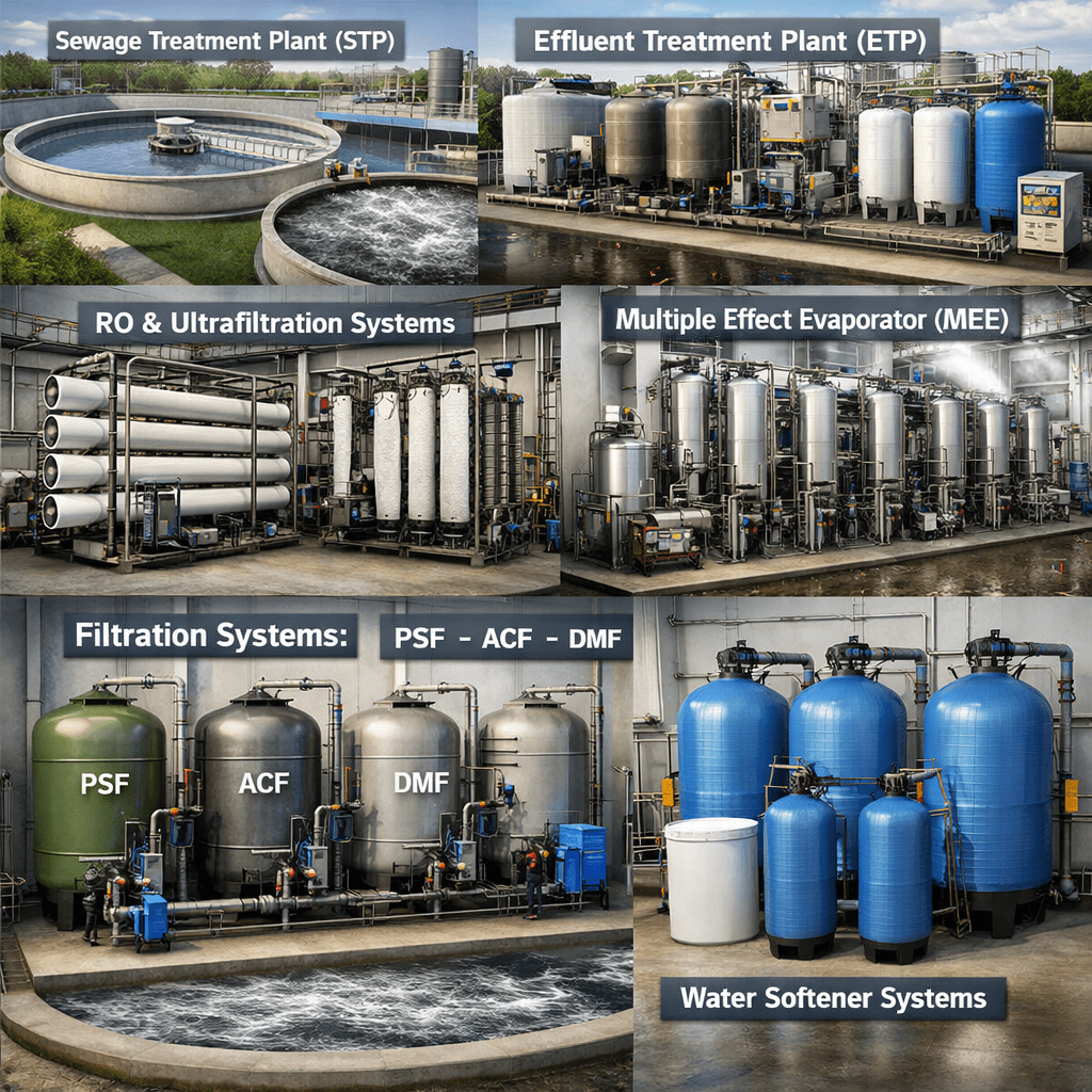 Sewage Treatment Plants (STP) – installation, operation, and AMC : Effluent Treatment Plants (ETP) – industrial wastewater management : Water Treatment Plants (WTP) for process and utility water : Reverse Osmosis (RO) and Ultrafiltration (UF) systems : Multiple Effect Evaporator (MEE) systems : Filtration systems – PSF, ACF, DMF : Water softener systems Sewage Treatment Plants (STP) – installation, operation, and AMC : Effluent Treatment Plants (ETP) – industrial wastewater management : Water Treatment Plants (WTP) for process and utility water : Reverse Osmosis (RO) and Ultrafiltration (UF) systems : Multiple Effect Evaporator (MEE) systems : Filtration systems – PSF, ACF, DMF : Water softener systems