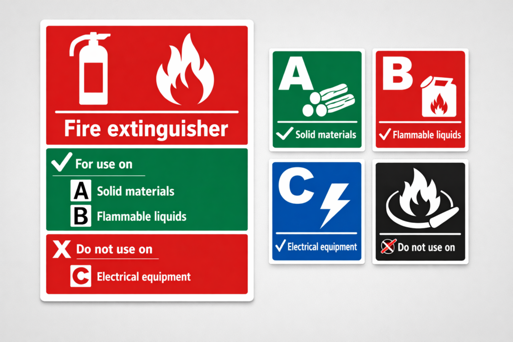 Fire extinguisher safety signs showing fire class symbols and extinguisher type identification