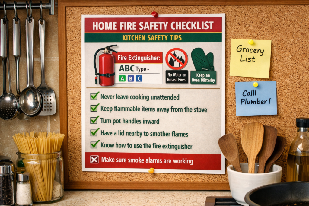 Home fire safety checklist for kitchens showing extinguisher type and cooking fire safety steps
