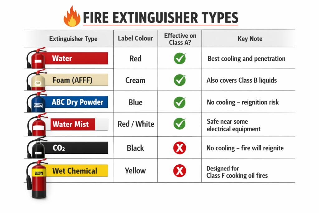 Class A fires are commonly extinguished using water, foam, or ABC dry chemical fire extinguishers